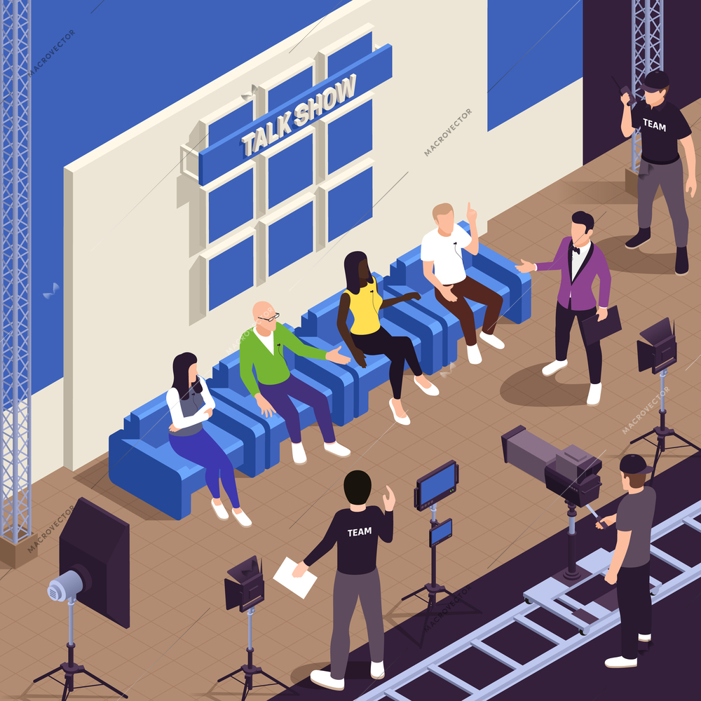 TV show isometric background with talk show symbols vector illustration