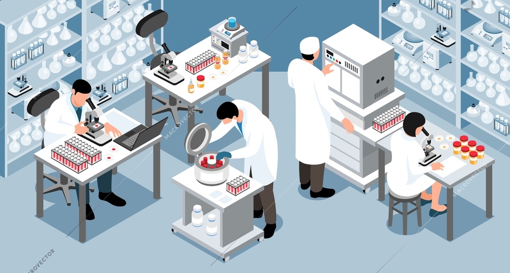 Isometric laboratory diagnostic horizontal composition with indoor lab scenery with research equipment and working scientists characters vector illustration