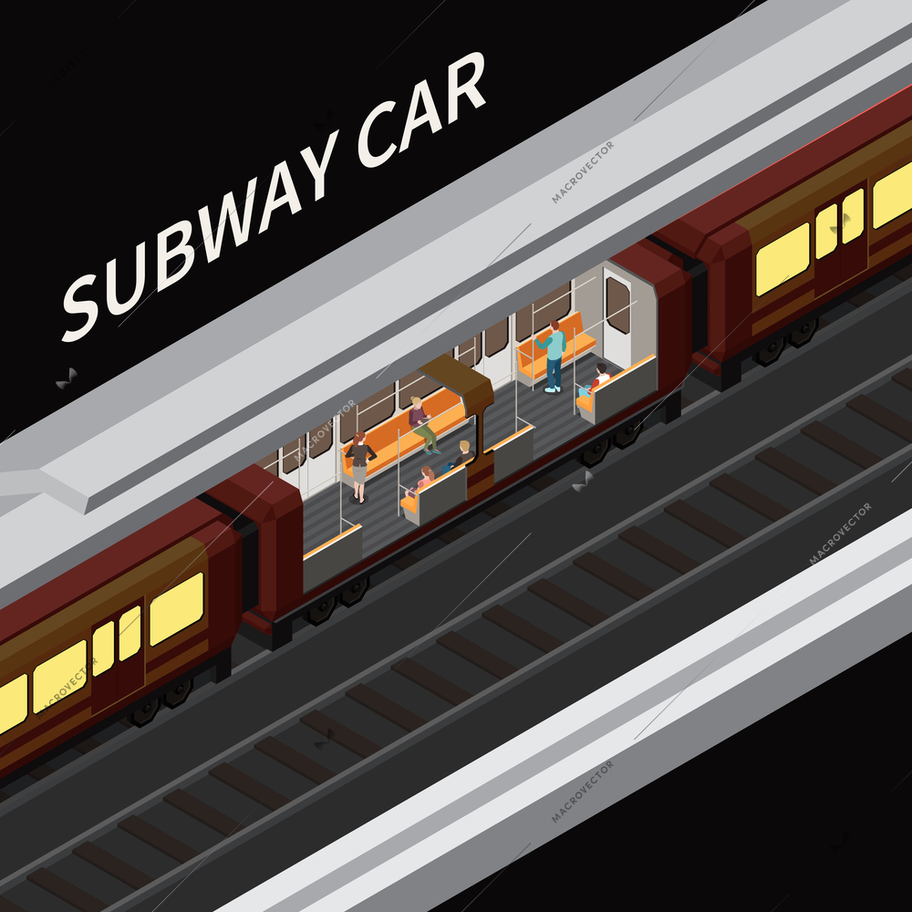 Underground metro tube subway train in tunnel with one car interior view black background isometric vector illustration