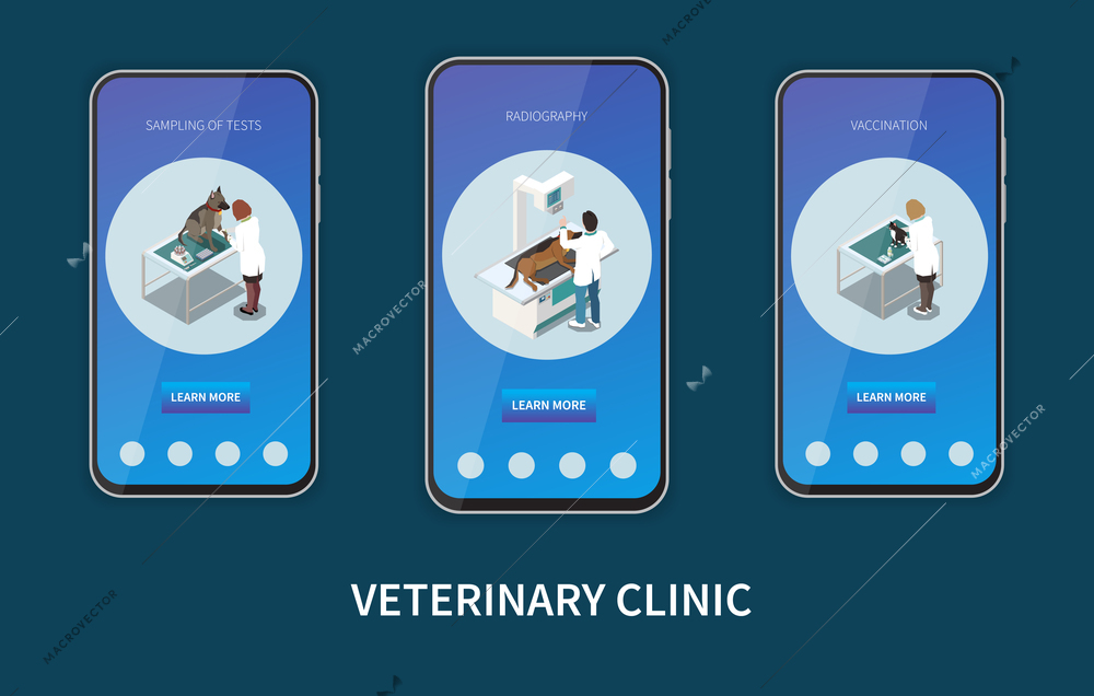 Veterinary clinic service 3 isometric mobile screens set with pets vaccination radiography diagnostic tests sampling vector illustration