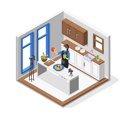 Cooking show isometric colored composition a female chef shows in front of the camera products for cooking a dish vector illustration