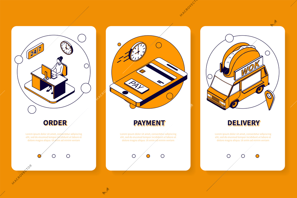 Asian food mobile app design concept with order payment delivery steps isometric vector illustration