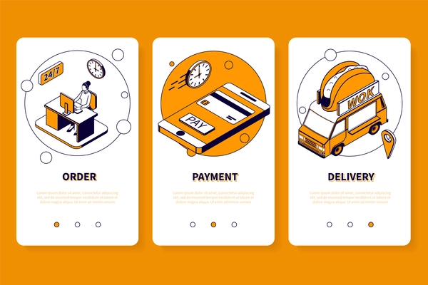 Asian food mobile app design concept with order payment delivery steps isometric vector illustration