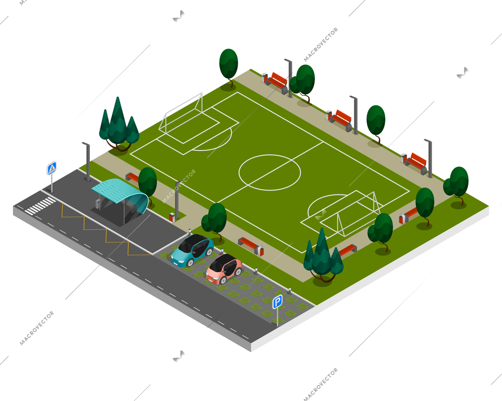 City constructor elements isometric colored composition green soccer field with a small parking lot located nearby vector illustration