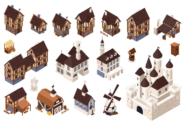 Medieval architecture isometric icons set with mill tavern and castle isolated vector illustraion