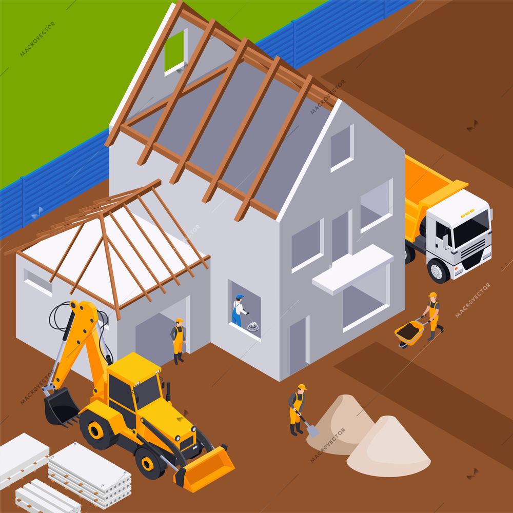 Construction and building background with house architecture plan symbols isometric vector illustration