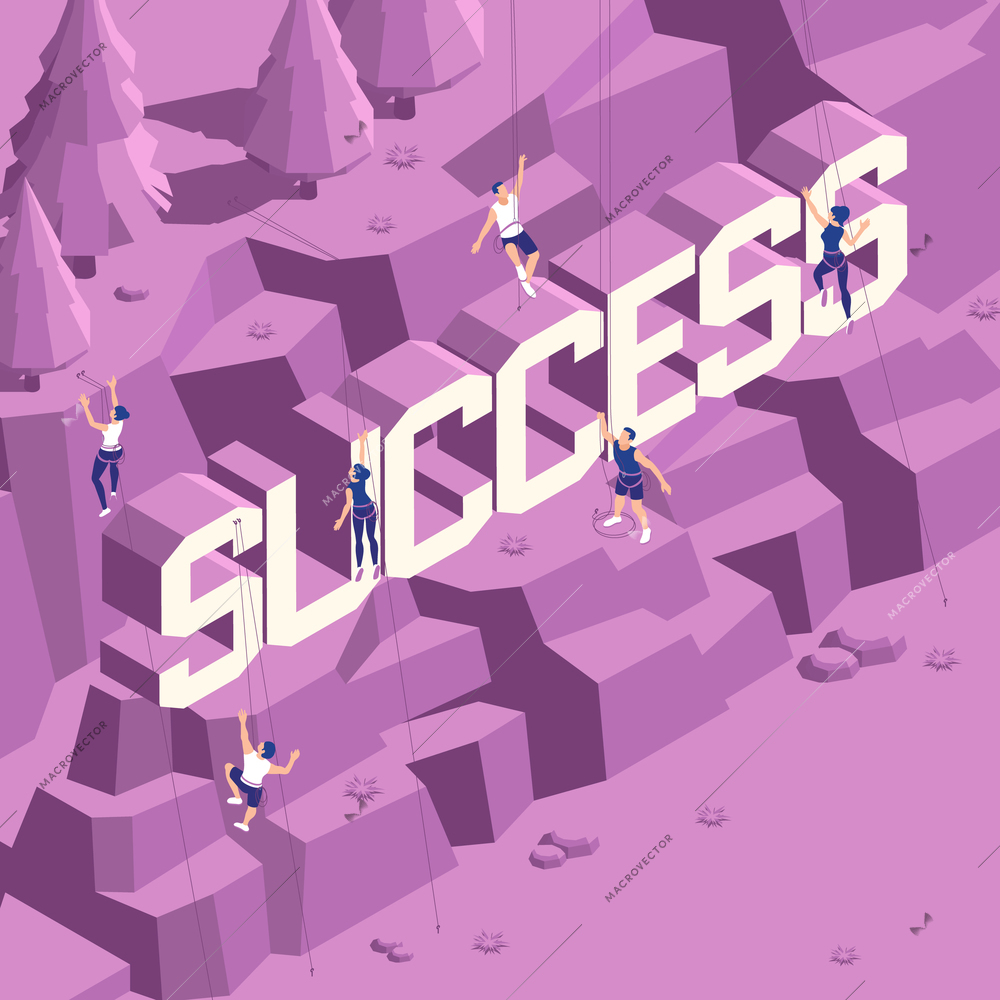 Rock mountain wall climbing sport metaphor for business success leading to top background isometric composition vector illustration