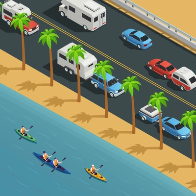 Touring sea kayaking rafting coastal paddling resort isometric composition with tropical beach canoeing camping road vector illustration