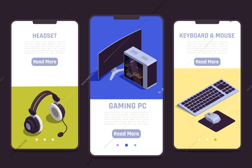 Gaming gadgets online 3 isometric smartphone screens set with headset keyboard mouse pc software info vector illustration