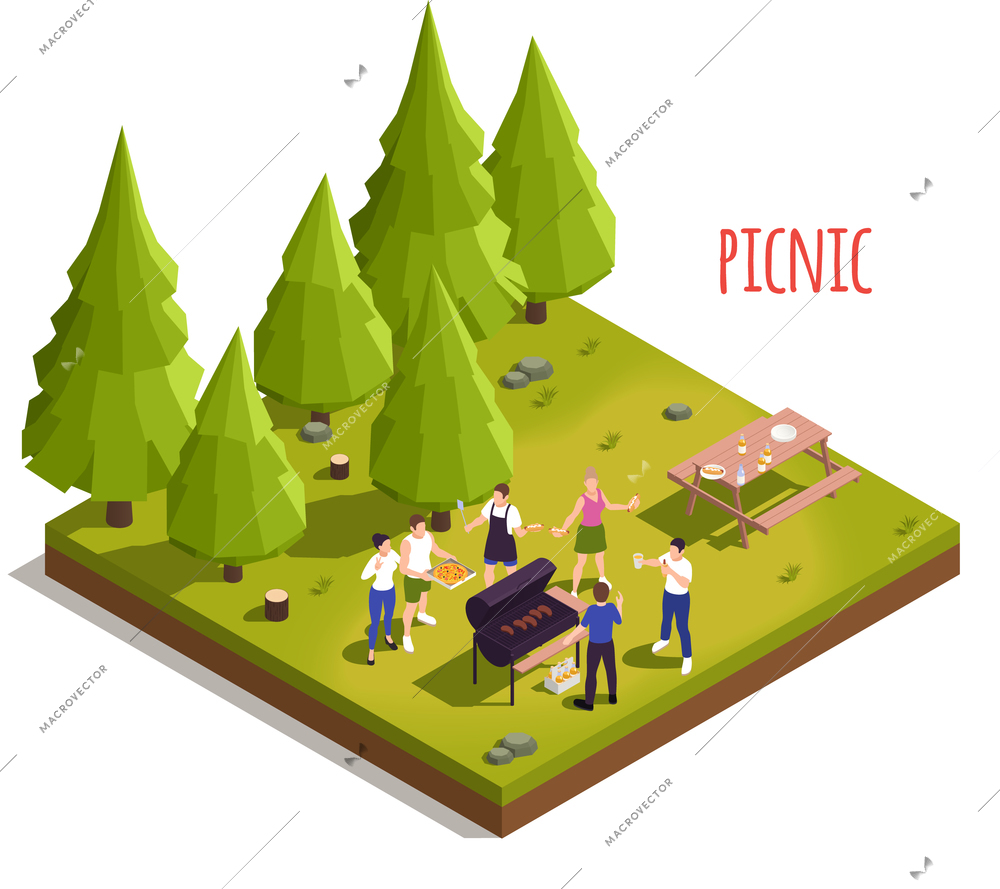 Summer countryside picnic isometric icon with family barbecuing at forest edge isolated element on white vector illustration