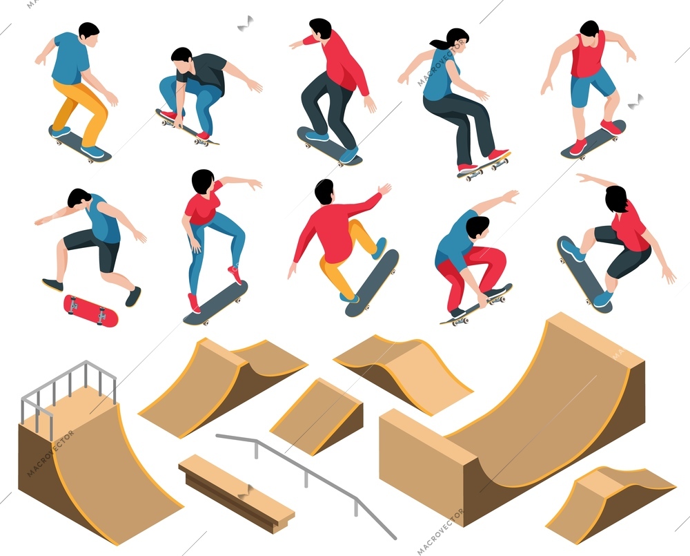 Skate park set of constructions for skateboard jumping stunts including quarter and half pipe ramps with railings and speed bumps isometric vector illustration