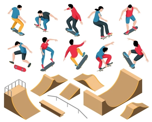 Skate park set of constructions for skateboard jumping stunts including quarter and half pipe ramps with railings and speed bumps isometric vector illustration