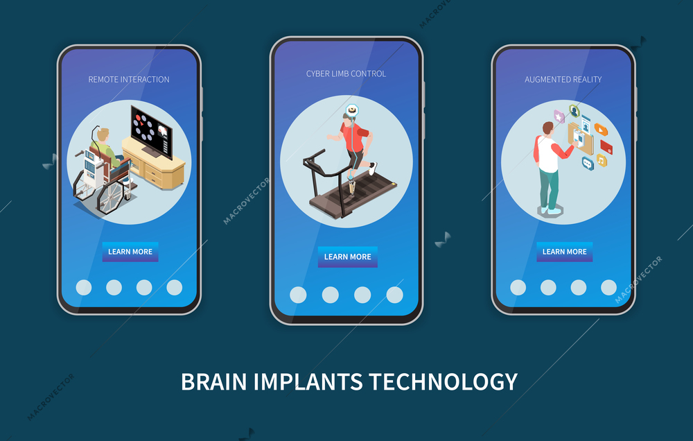 New smart technologies mobile app on smartphone screen demonstrated remote interaction cyber limb control augmented reality functions of brain implants vector illustration