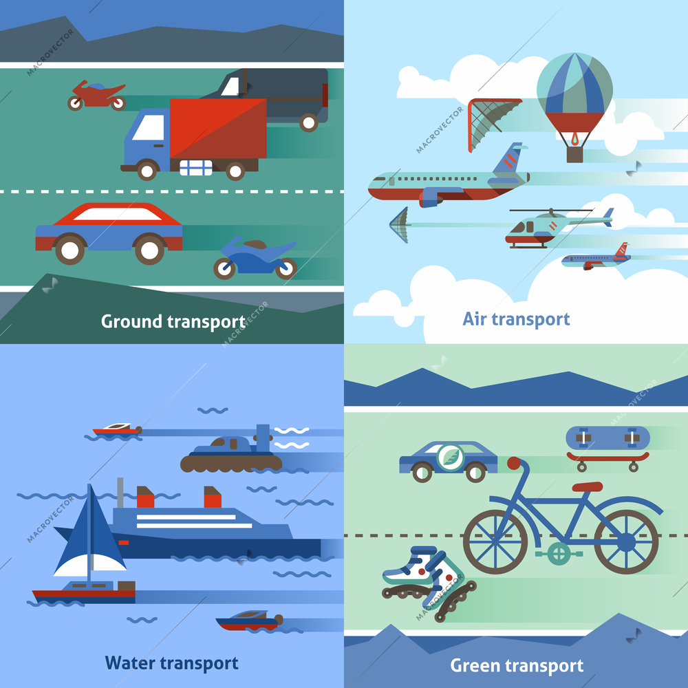 Transportation flat set with ground air water green transport isolated vector illustration