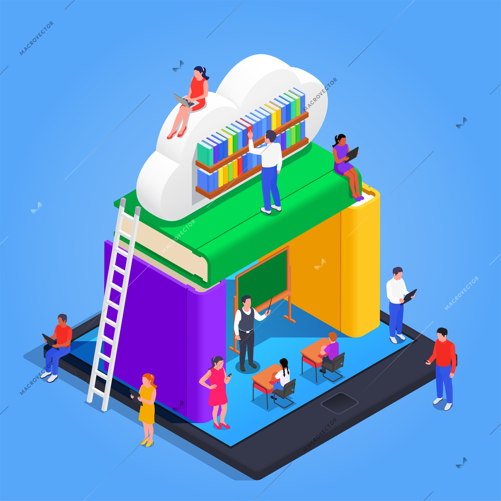 Digital online library colored isometric concept online reading in the cloud and on smartphone and tablet vector illustration