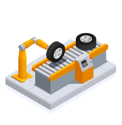 Tire production service isometric colored and composition with automatic control stage in the factory vector illustration