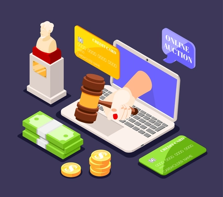 Auction isometric background composition with laptop and human hand holding gavel with cash and credit card vector illustration