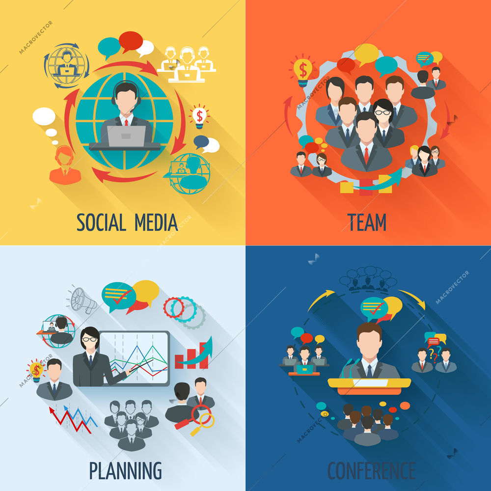 Meeting icon flat set with social media team planning conference isolated vector illustration