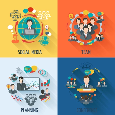 Meeting icon flat set with social media team planning conference isolated vector illustration