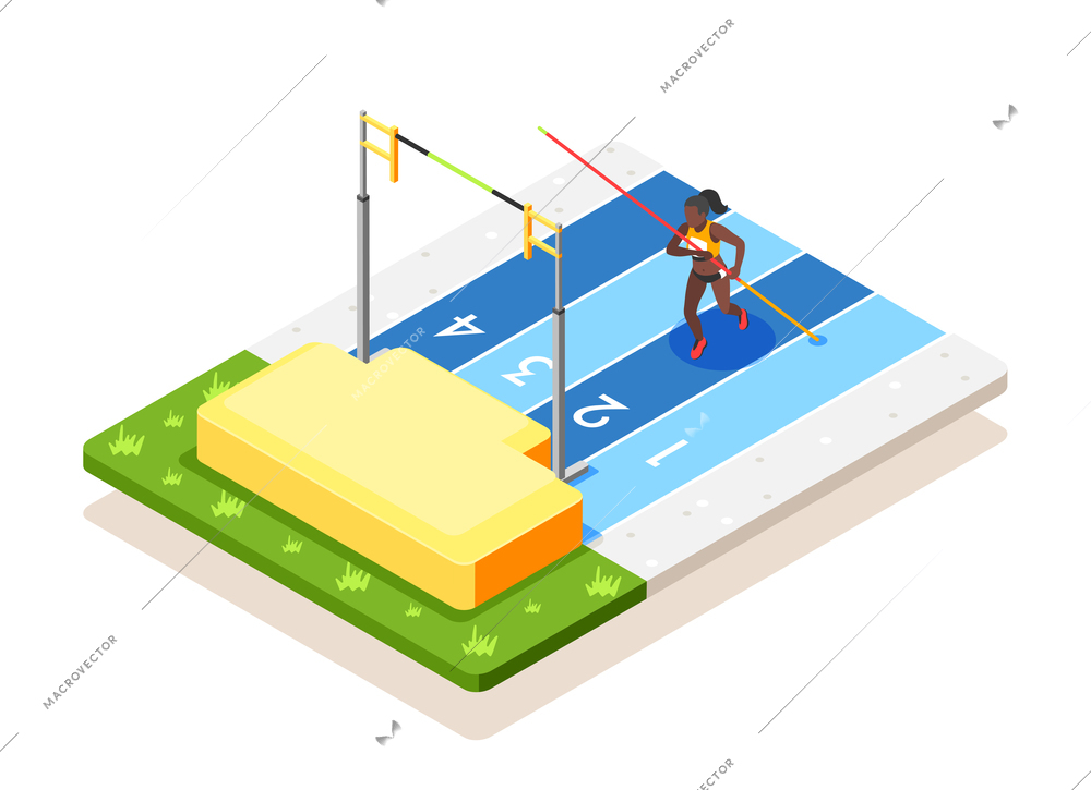 International olympic day isometric composition with view of pole jumping track with running african american woman vector illustration