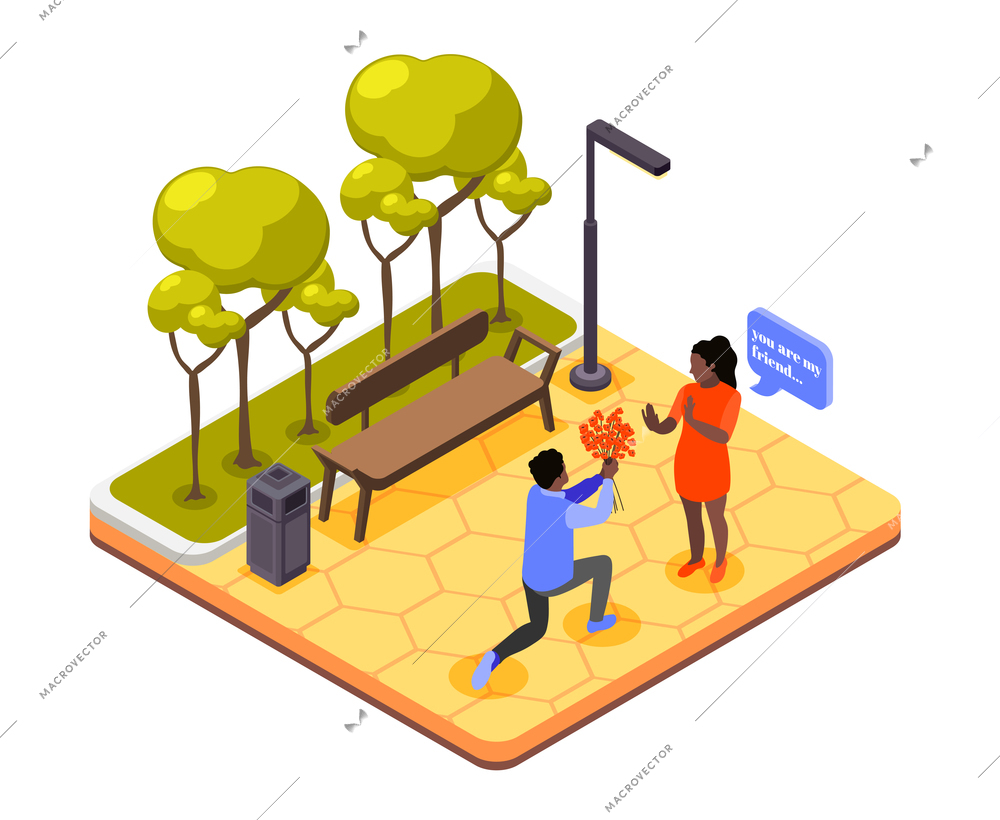 Friendzone isometric composition with outdoor view of city park with guy holding flowers and indifferent girl vector illustration