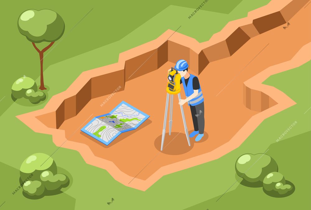 Geodesy isometric background with outdoor scenery and human character of geo engineer performing measures inside pit vector illustration