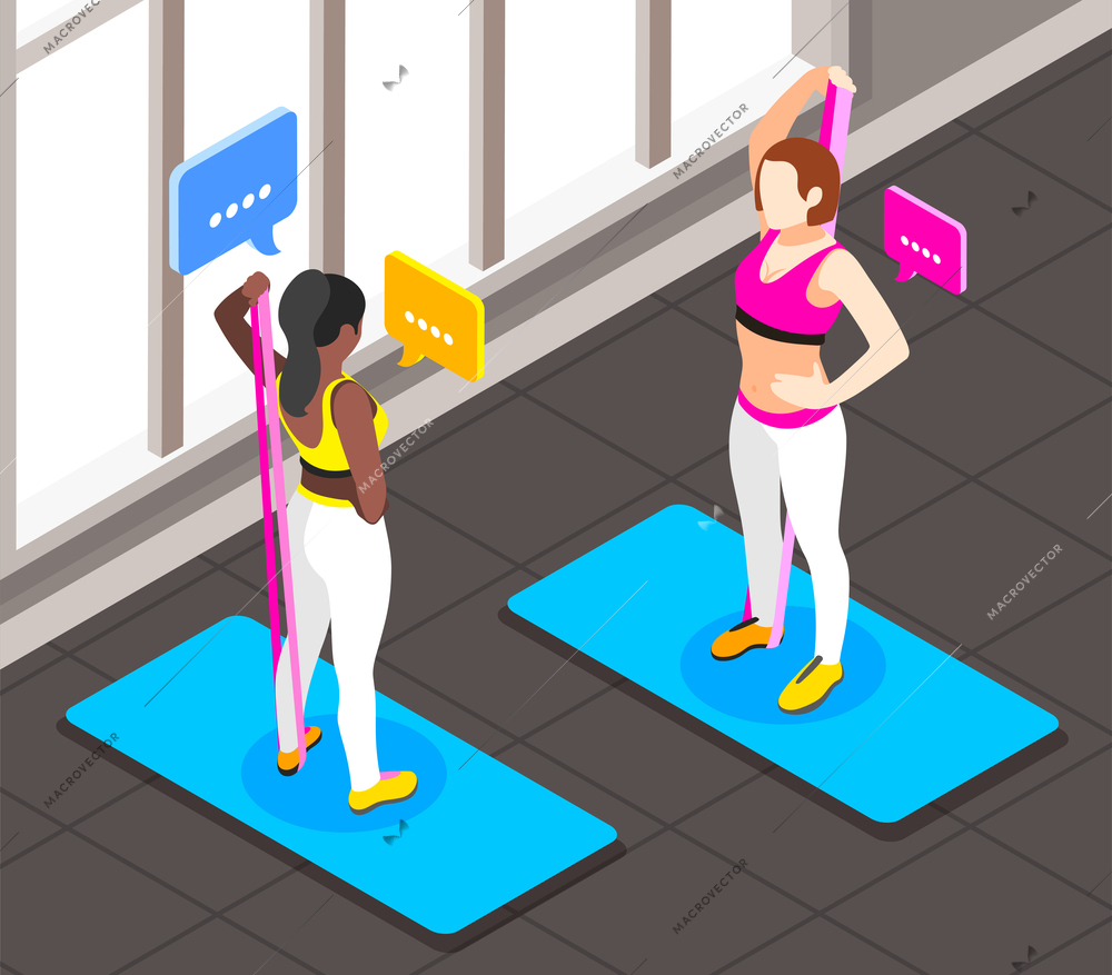 Resistance band exercises isometric background with two women standing on gymnastic mats with chat bubble icons vector illustration