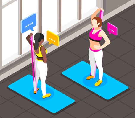 Resistance band exercises isometric background with two women standing on gymnastic mats with chat bubble icons vector illustration