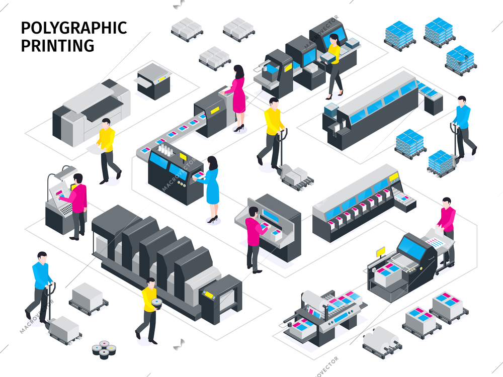 Isometric colored polygraphy composition color printing and various types of printing machines vector illustration