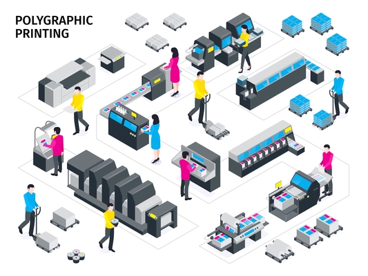 Isometric colored polygraphy composition color printing and various types of printing machines vector illustration