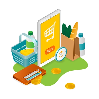 E-commerce mobile shopping isometric composition with icons of coins wallet with credit cards grocery products vector illustration