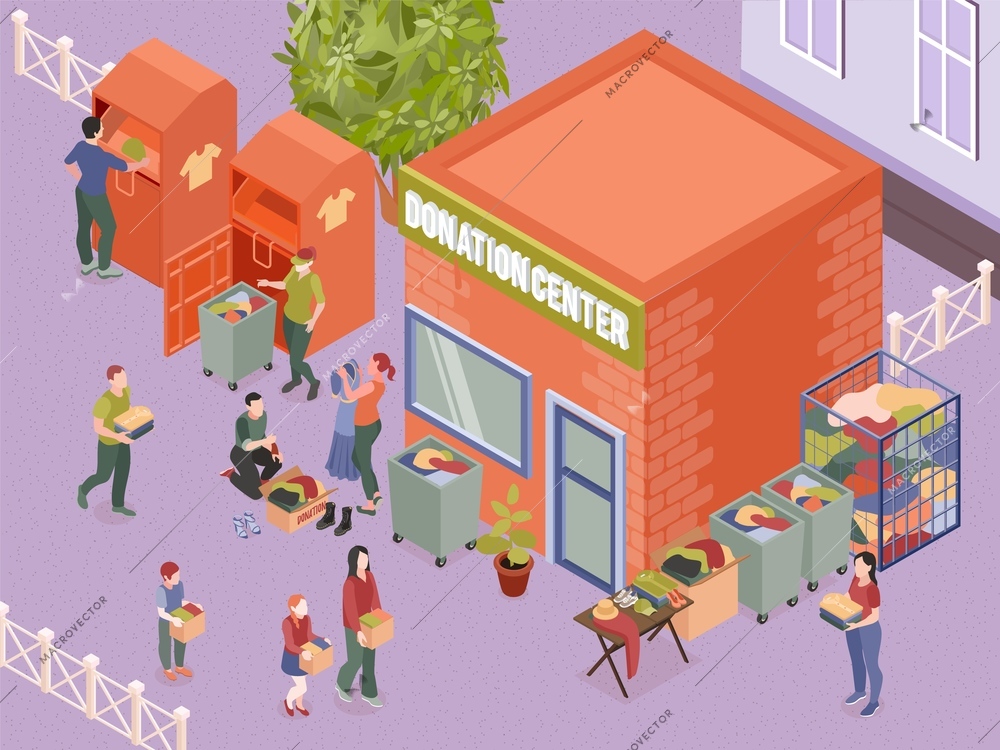 Donation centre building containers with donated clothes and human characters 3d isometric horizontal vector illustration