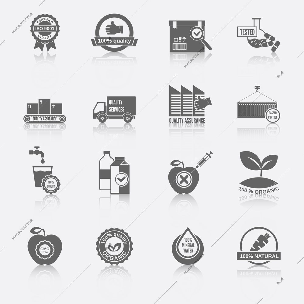 Quality control certified quality checklist test services organic icons black set isolated vector illustration