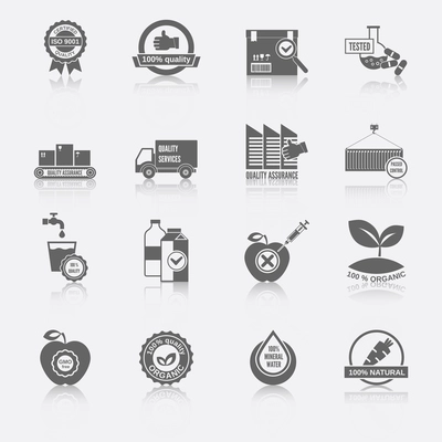 Quality control certified quality checklist test services organic icons black set isolated vector illustration