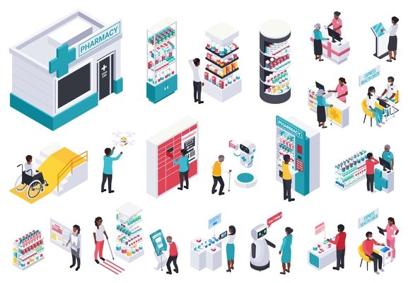 Modern pharmacy store interior isometric set with showcases electronic equipment robotic assistant pickup point tactile paving people isolated vector illustration