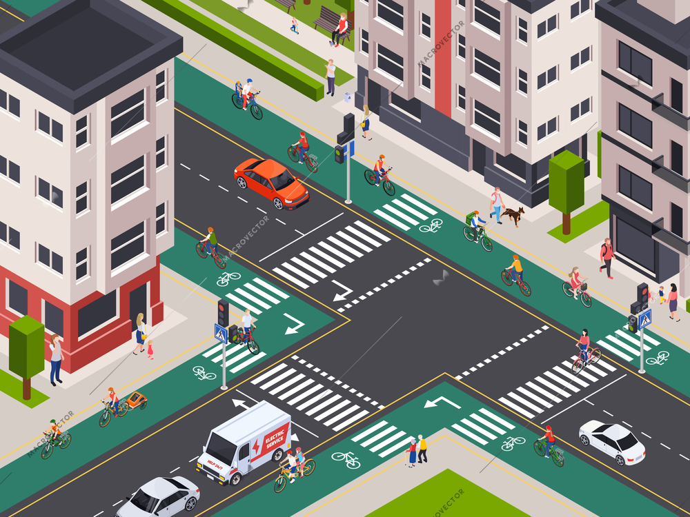 Modern city streets with people riding bikes along bicycle lanes road buildings 3d isometric vector illustration