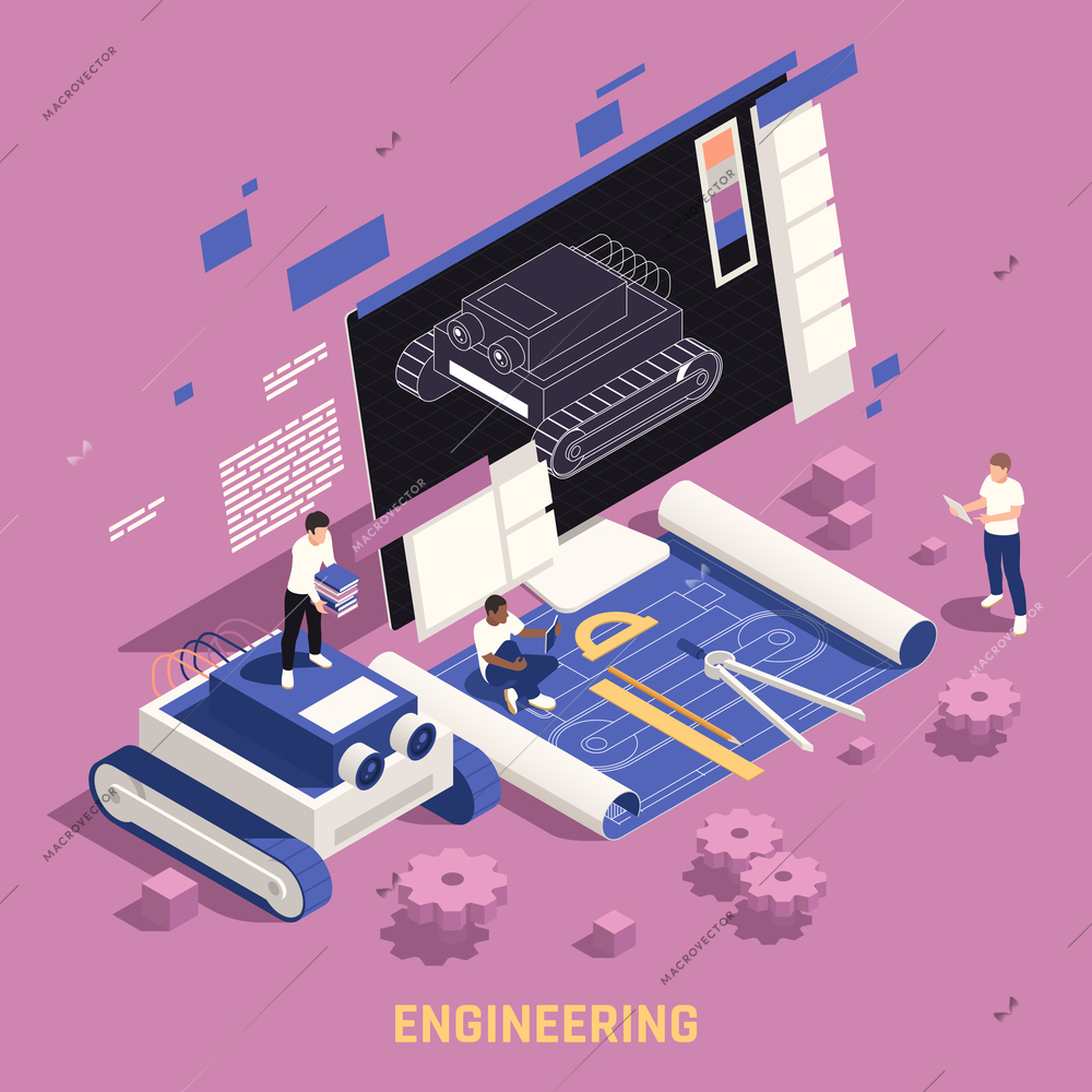 STEM education engineering design thinking oriented program isometric composition with students modeling devices technical drawings vector illustration