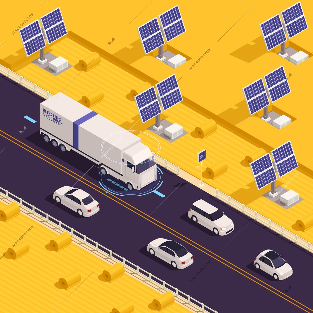 Modern big white electric truck on solar panel highway recharging cars while they drive isometric vector illustration