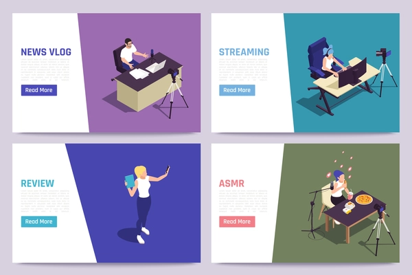 Live streaming blog products review news vlog relaxing sensations triggering vlogger 4 isometric webpages set vector illustration