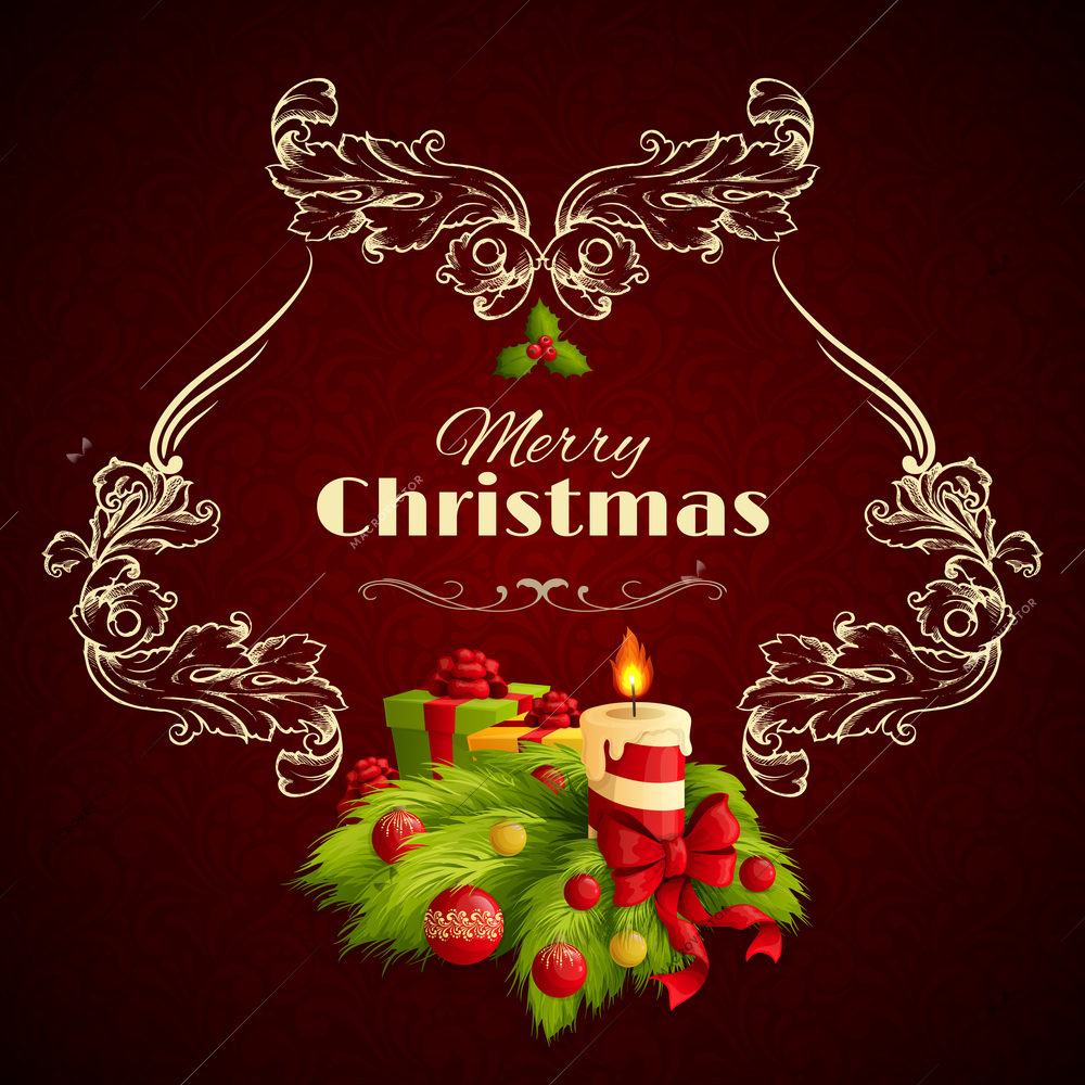 Merry christmas holiday retro background with burning candle vintage ornament and traditional decoration vector illustration