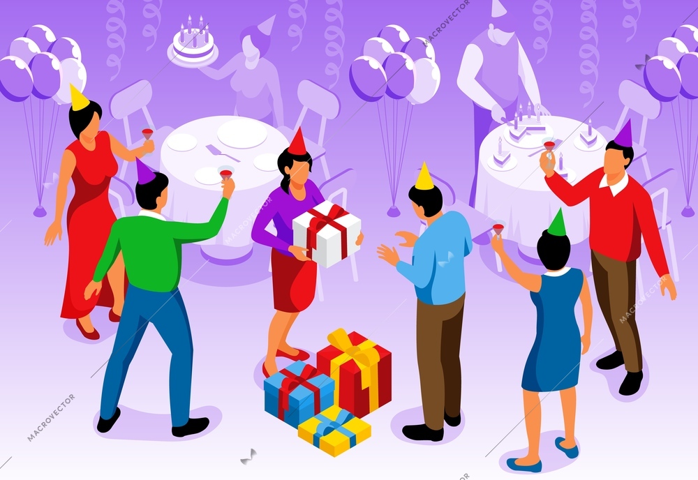 Isometric characters of adult people giving birthday presents drinking and eating cake at party 3d vector illustration