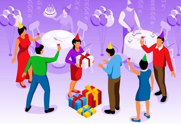 Isometric characters of adult people giving birthday presents drinking and eating cake at party 3d vector illustration