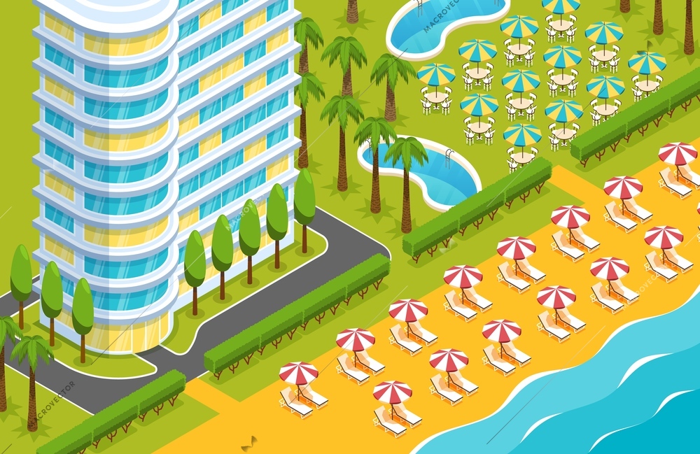 Many storeyed hotel building exterior beach with lounges outdoor tables tropical trees isometric vector illustration