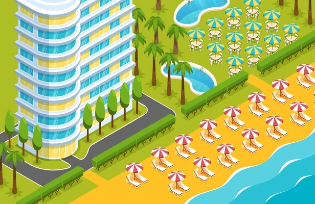 Many storeyed hotel building exterior beach with lounges outdoor tables tropical trees isometric vector illustration