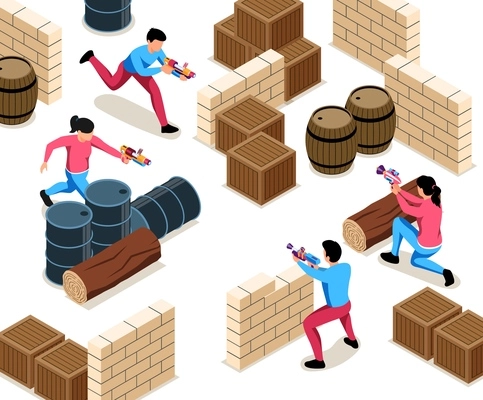 Isometric blaster game composition with view of playground with brick walls wooden boxes barrels and players vector illustration