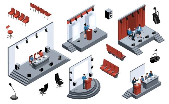 Isometric conference hall color set with isolated icons of lighting equipment chairs and stages with speakers vector illustration