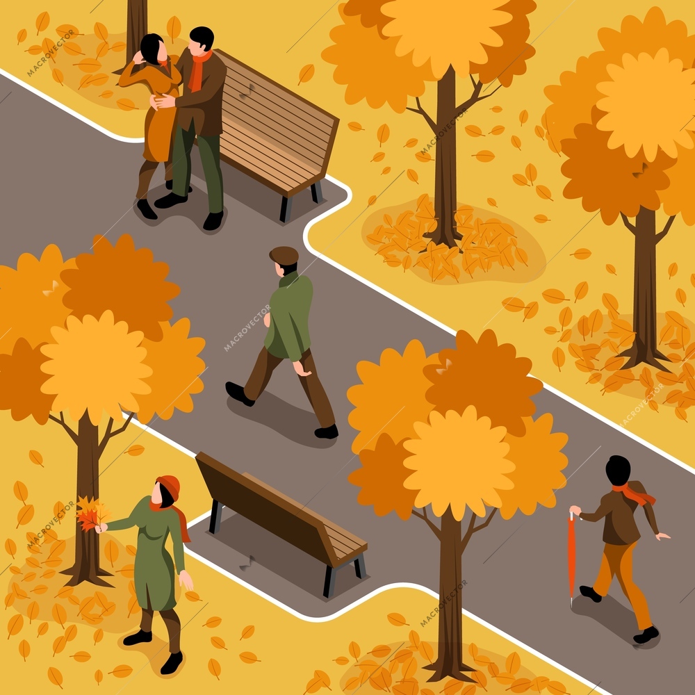 Isometric autumn fall composition with outdoor scenery with human characters having walk hugging gathering fallen leaves vector illustraton