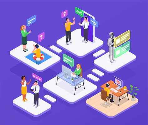 Call center composition with technical support and hotline symbols isometric vector illustration