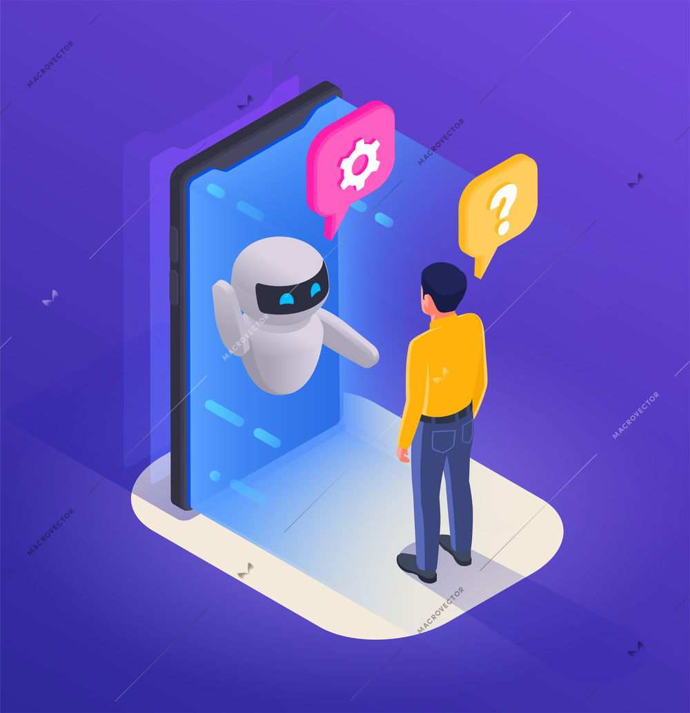 Chatbot messenger program concept with support symbols isometric vector illustration