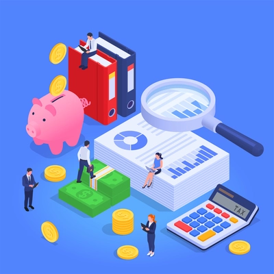 Accounting and audit concept with banking symbols isometric vector illustration